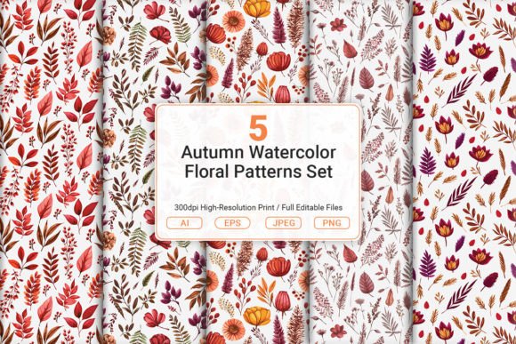 Autumn Watercolor Floral Patterns Set for Design