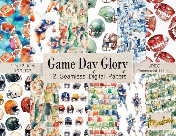 Game Day Glory: Transform Your Projects with 12 Watercolor Football Seamless Patterns