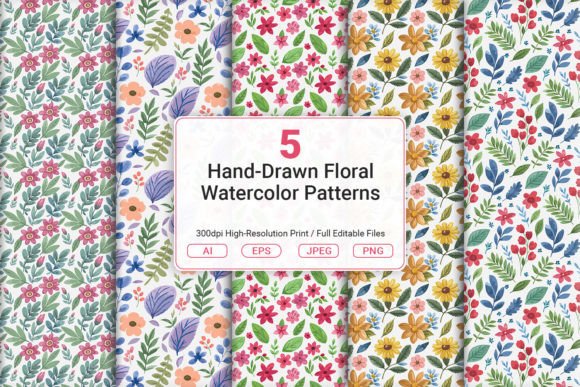 Hand-Drawn Floral Watercolor Patterns: A Natural Touch for Creative Projects